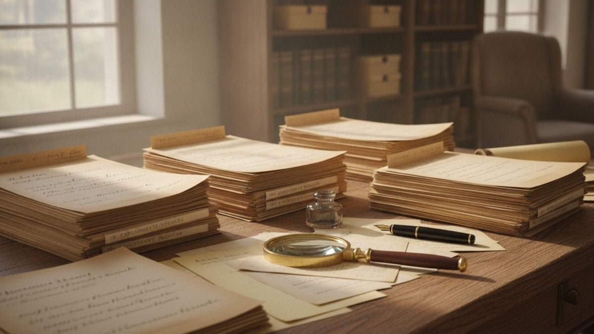 Organized historical employment files and a magnifying glass on an archive desk