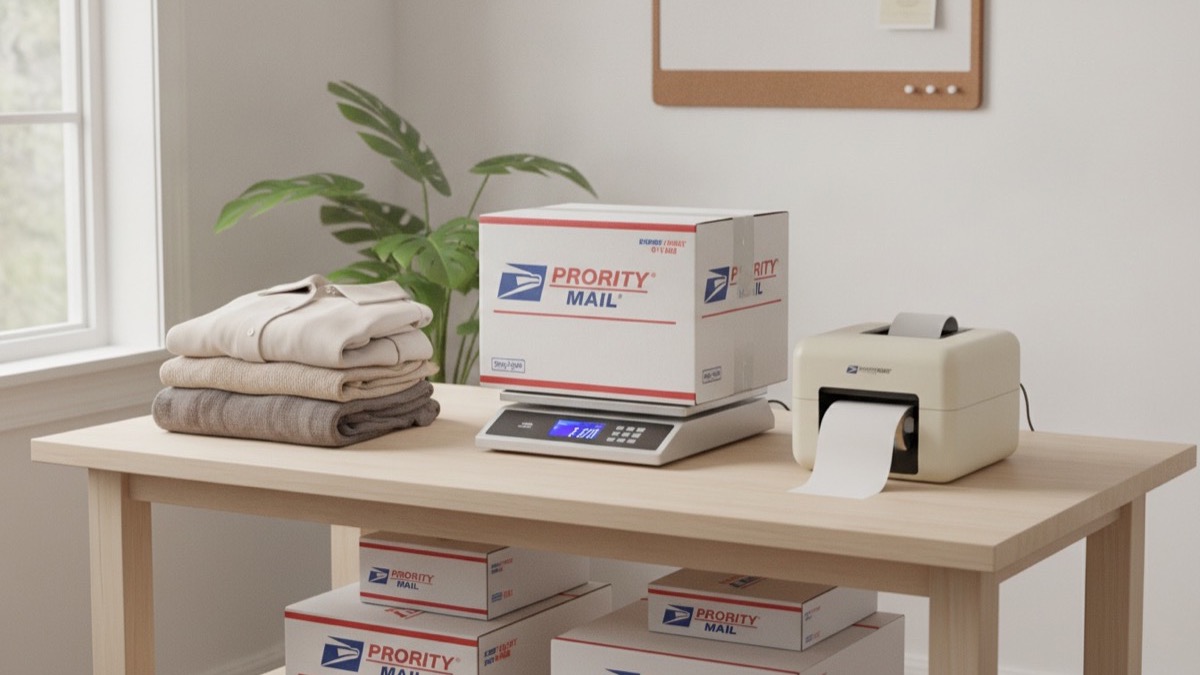 Home reseller packing station with shipping scale, label printer, and clothing inventory