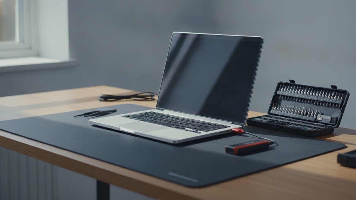 Enterprise business laptop and precision tools on a computer inspection workbench