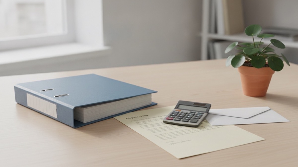 A credit report folder, calculator, and correspondence on a clean workspace