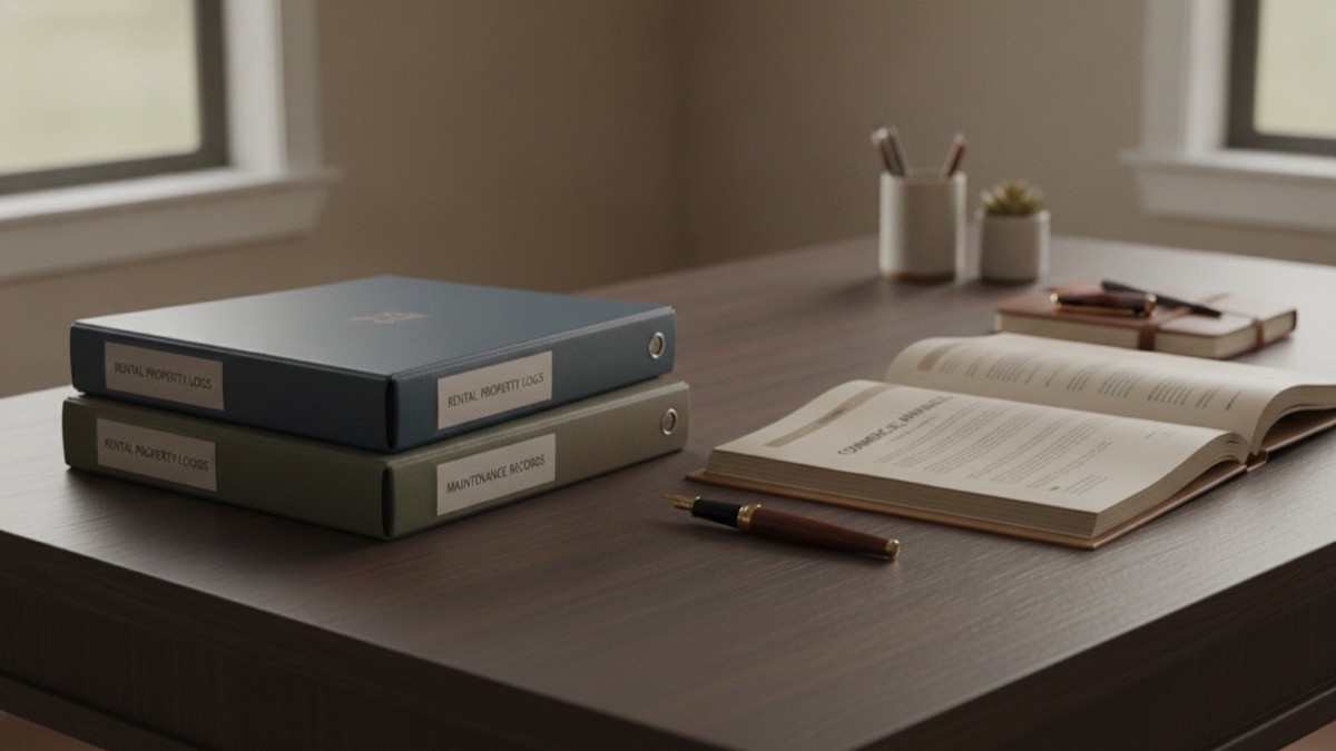 Rental property maintenance logs and property appraisal report on an investor's desk