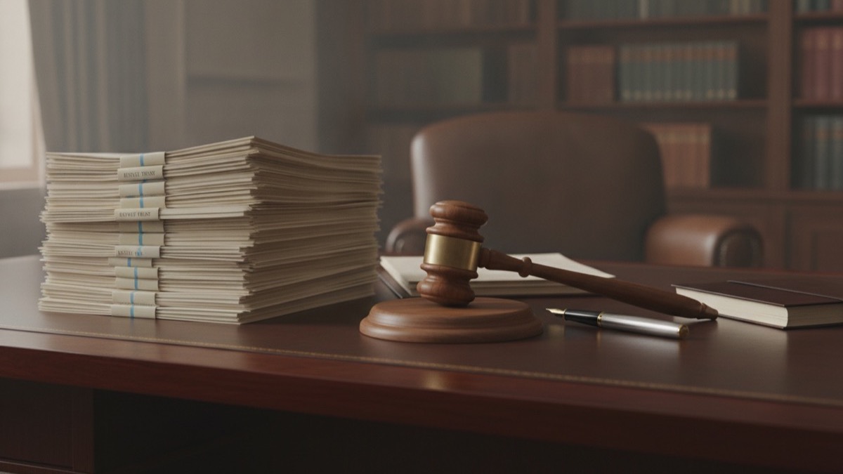 Estate trust documents, a fountain pen, and a wooden gavel on a boardroom desk