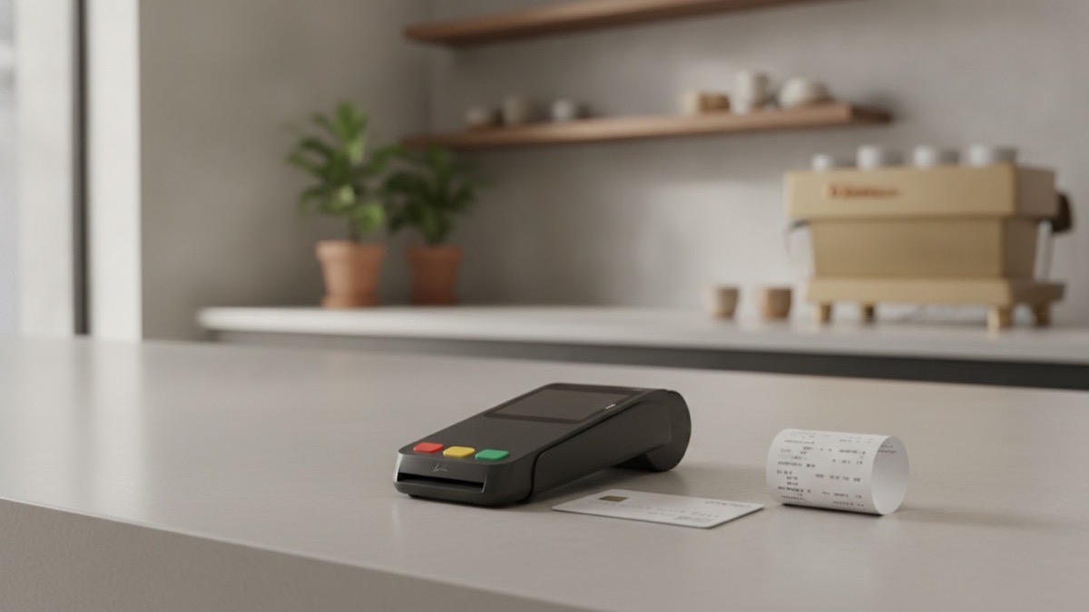 Debit card next to a modern contactless payment terminal and receipt on a counter