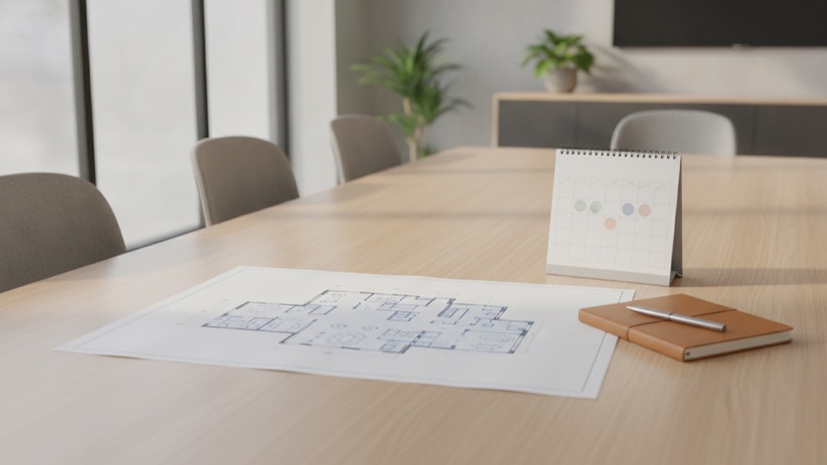 Commercial architectural floor plans and a calendar on a modern conference table