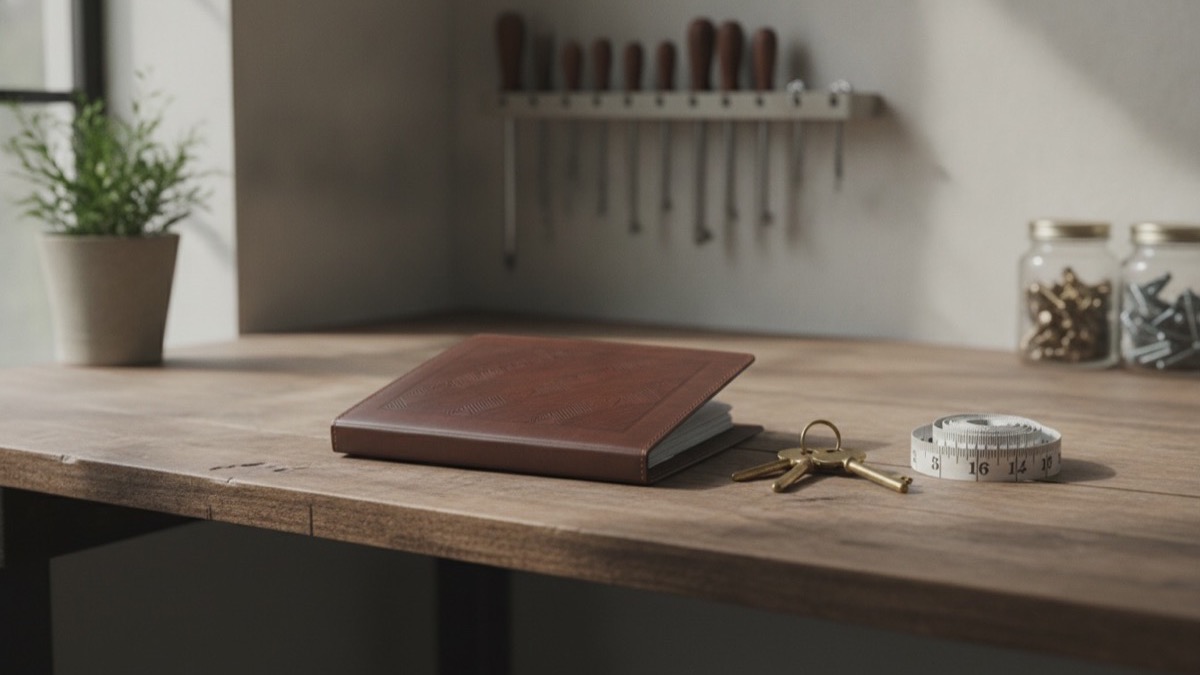 Small business desk with vehicle mileage log binder and equipment keys on a wooden table