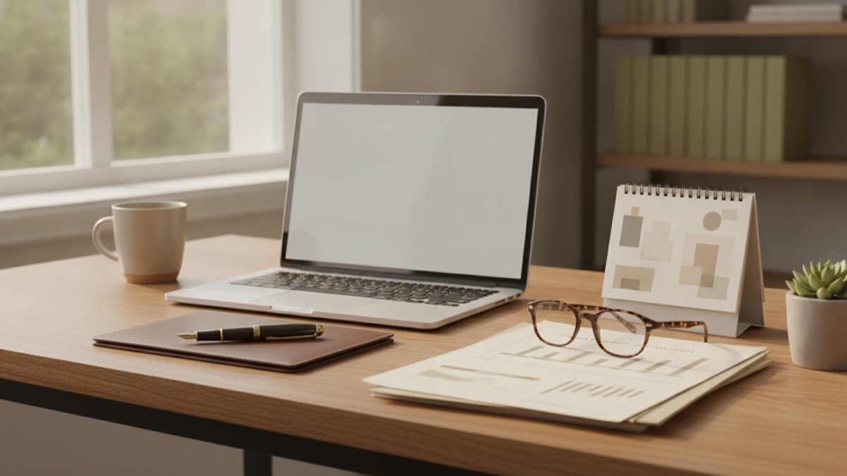 Senior professional desk with paystub documents, calendar, and glasses in warm daylight