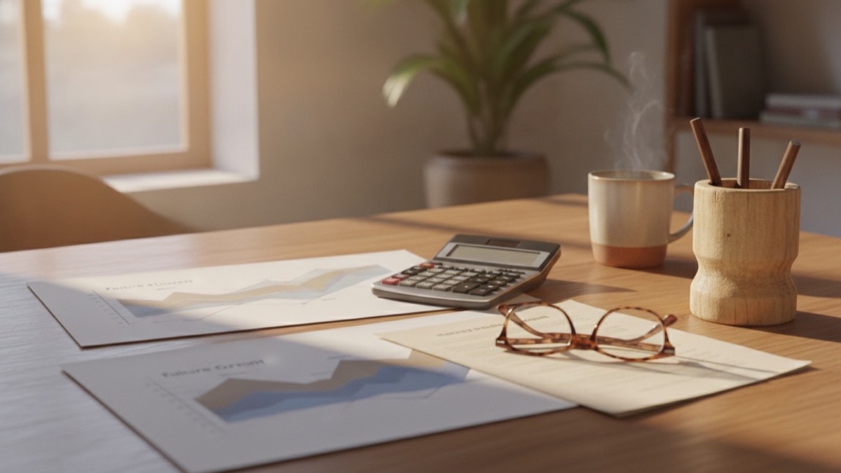 Retirement benefit projection charts, calculator, and reading glasses on an oak desk