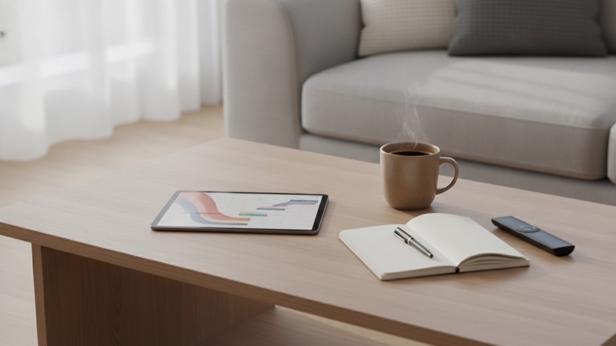 A tablet showing an abstract calendar schedule, notebook, and TV remote on a living room table