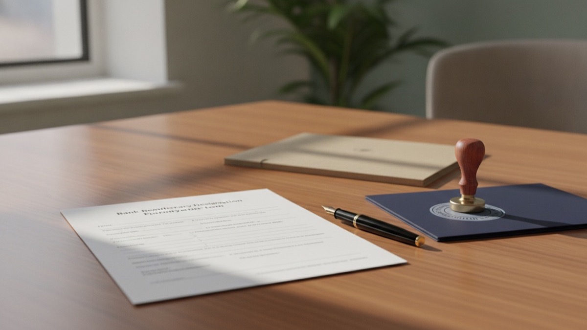 Bank beneficiary designation form, notary seal, and pen on a conference desk
