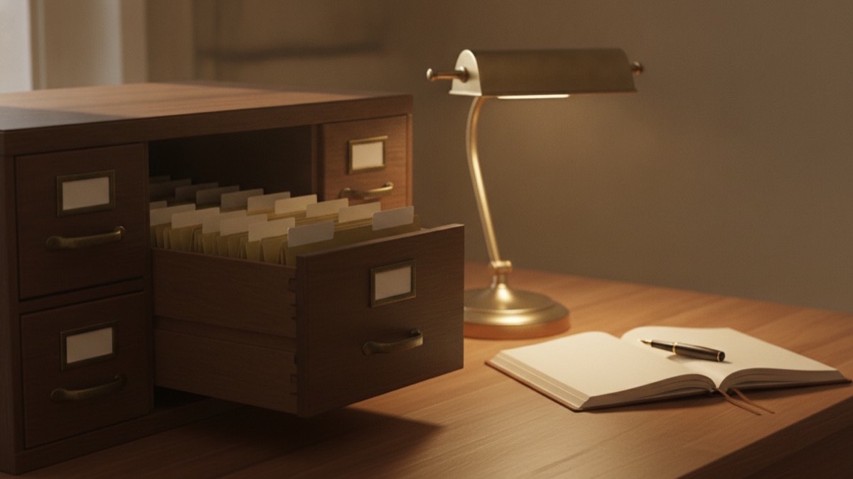 A wooden filing cabinet with open drawer and organized archive folders in soft light