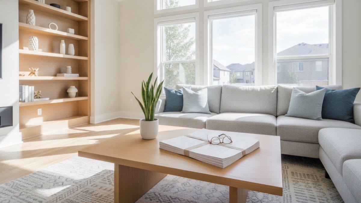 Sunlit residential living room with closing documents and a plant on a wooden coffee table