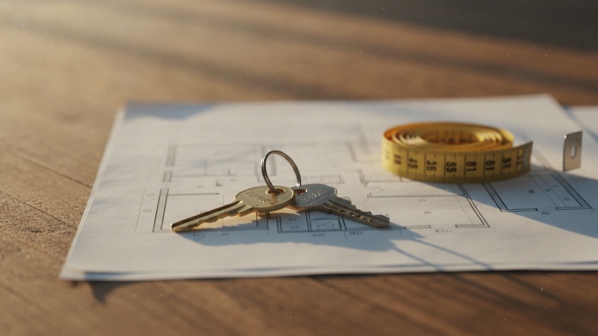 House keys on top of home blueprints and architectural floor plans on a wooden desk